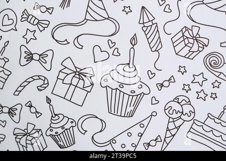 Fond avec des motifs festifs - Coloriage d'anniversaire noir et blanc Banque D'Images