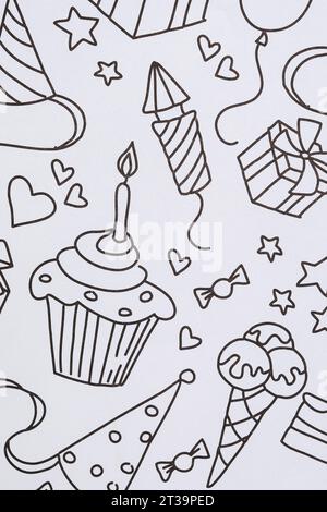 Fond avec des motifs festifs - Coloriage d'anniversaire noir et blanc Banque D'Images