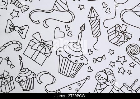 Fond avec des motifs festifs - Coloriage d'anniversaire noir et blanc Banque D'Images