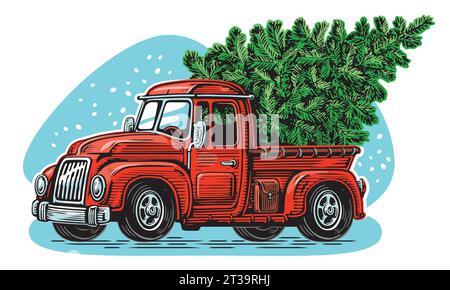 Camion rétro rouge de Noël avec arbre de pin vert. Illustration vectorielle de bonnes vacances Illustration de Vecteur