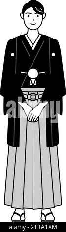 Homme portant un hakama avec une crête s'inclinant avec les mains pliées, illustration vectorielle Illustration de Vecteur