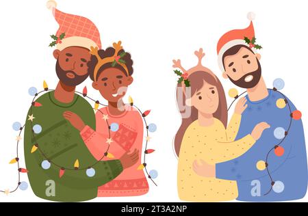 Couple émaillé de Noël festif. Personnages mignons heureux dans le chapeau de Santa avec guirlande du nouvel an. Illustration vectorielle Illustration de Vecteur