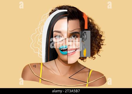 Collage art visage design de personnes multiraciales diverses dans l'émotion différente, la beauté et le concept d'égalité Banque D'Images