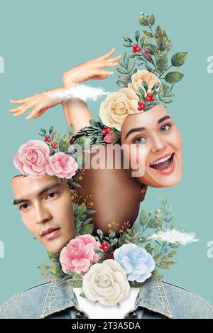 Art abstrait de collage de visages de personnes avec décoration d'élément de fleur Banque D'Images