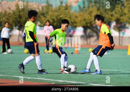 QINGDAO, CHINE - 24 OCTOBRE 2023 - des élèves du primaire s'entraînent sur un terrain de football à Qingdao, dans la province du Shandong, en Chine, le 24 octobre 2023. Banque D'Images