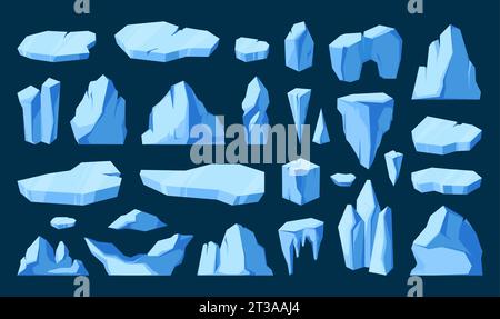 Morceaux de glace et glaciers. Morceaux de glace flottants gelés de dessin animé, icebergs de montagne et floe de mer polaire, concept de climat d'hiver. Ensemble isolé de vecteur d'illustration gelée de glace Illustration de Vecteur