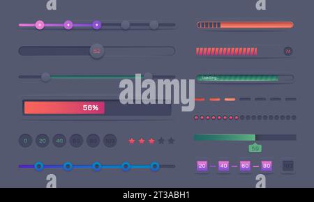 Jeu de barres de progression. Indicateurs de chargement ronds et carrés, cadres indicateurs de nombre de pas, éléments d'écran de chargement. Collection d'éléments d'interface utilisateur moderne Vector de l'illustration de chargement de la barre de progression Illustration de Vecteur