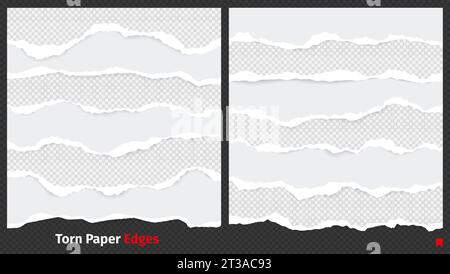 Bords de papier déchirés. Débris de papier abîmés, bordures de feuilles déchirées avec éléments collants. Texture vectorielle de l'illustration en lambeaux de papier de bord Illustration de Vecteur