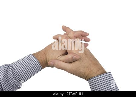 détail des mains d'un homme attendant sur un fond transparent Banque D'Images