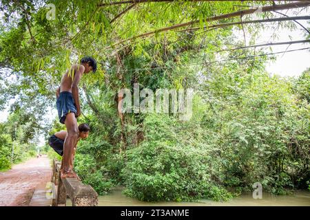 Cambodge, Kampong Phluk, les enfants plongent dans la rivière gonflée Banque D'Images