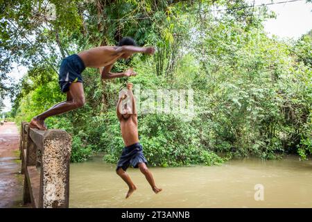 Cambodge, Kampong Phluk, les enfants plongent dans la rivière gonflée Banque D'Images