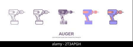 Ensemble d'icône de perceuse à main avec 5 styles différents. Icône de perceuse pour le concept de bricoleur. Instrument ménager en bande dessinée. Dispositif électrique pour réparateur Illustration de Vecteur