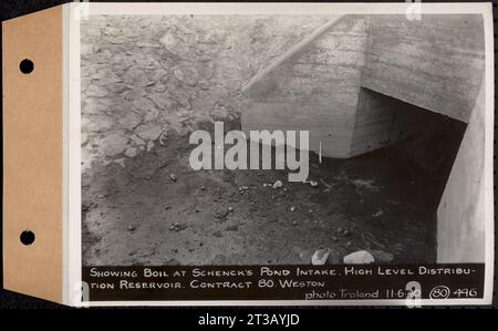 Contrat no 80, réservoir de distribution à haut niveau, Weston, indiquant l'ébullition à la prise d'eau de Schenck's Pond, réservoir de distribution à haut niveau, Weston (Massachusetts), le 6 novembre 1940 Banque D'Images