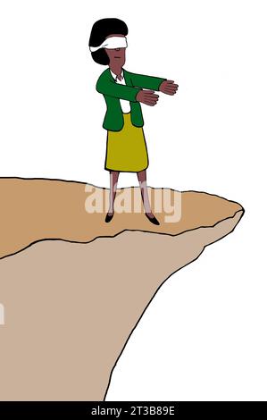 Dessin animé en couleur montrant une femme d'affaires professionnelle noire les yeux bandés avec les bras tendus, ne réalisant pas qu'elle est au bord d'une falaise. Banque D'Images