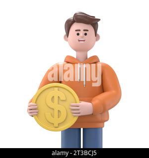 Illustration 3D de l'homme d'affaires souriant Qadir tenant la pièce de monnaie du dollar. Succès et concept d'investissement d'argent. Rendu 3D sur fond blanc. Banque D'Images