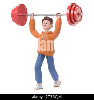 Illustration 3D du gars masculin Qadir soulevant des poids.3D rendu sur fond blanc. Banque D'Images