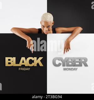 Black Friday et cyber Monday shopping. Femme noire souriante pointant vers un texte sur le signe commercial de bannière publicitaire. Publicité des magasins et des centres commerciaux Billb Banque D'Images