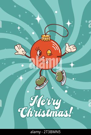 Le ballon de Noël patine, souriant avec la langue sortie et clignant. Personnage mignon de Noël dans le vieux style de bande dessinée rétro. Illustration de vacances vintage Illustration de Vecteur