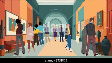 Visiteurs dans le vecteur traditionnel de musée de galerie d'art. Illustration de Vecteur