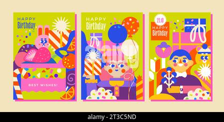 3 modèles d'anniversaire, format A4. Bonbons, animaux mignons, ballons, un garçon et une fille félicitant pour les vacances et un énorme gâteau. Illustration de Vecteur