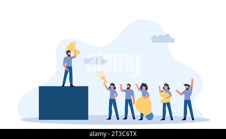 Groupe diversifié de personnes debout sur un podium, tenant des trophées et des puzzles. Ils sont tous souriants et enthousiastes, célébrant leur succès en tant qu’équipe. VEC Illustration de Vecteur