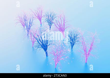 Allée d'arbres décoratifs roses et bleus sur fond bleu, rendu 3D. Banque D'Images