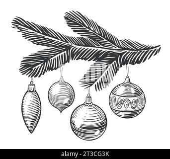 Boules et boules de décorations de Noël suspendues à une branche de sapin. Joyeuses fêtes esquisse illustration vectorielle vintage Illustration de Vecteur