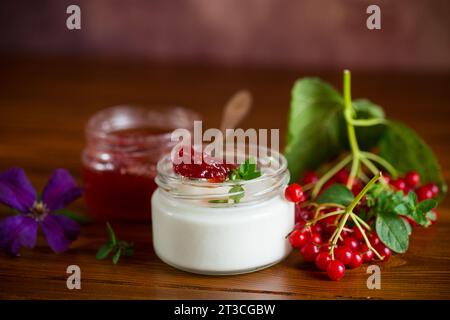 Yaourt maison préparé avec de la confiture de viburnum et du viburnum sur une table en bois. Banque D'Images