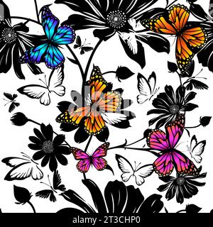Fleurs noires sur fond blanc avec des papillons. dessin à la main. Pas IA, Illustrat3. Illustration vectorielle Illustration de Vecteur