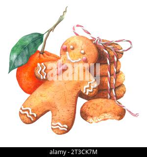 Homme en pain d'épice de Noël avec mandarine et biscuits. Illustrations à l'aquarelle dessinées à la main de biscuits sucrés. Conception pour cartes, invitations, papier d'emballage Banque D'Images