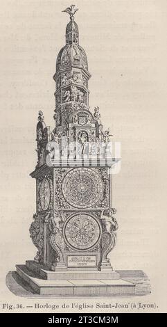 Les Arts de l'ameublement : L'horlogerie , Paris , librairie Ch. Delagrave. /Antique livre français du XIXe siècle / Fig.36.- horloge de l'église Saint-Jean (á Lyon ) / L'ASTROLABE DE L'HORLOGE ASTRONOMIQUE DE LA CATHÉDRALE SAINT-JEAN DE LYON / Lyon horloge astronomique DE 9 mètres de haut installée dans la cathédrale de Lyon Banque D'Images