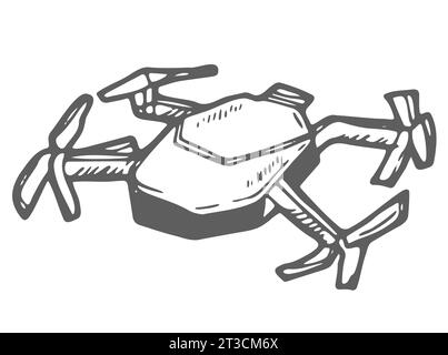 Drone aérien moderne, drone à télécommande avec caméra isolée. Illustration vectorielle de dessin animé plat. Doodle dessiné à la main. Illustration de Vecteur