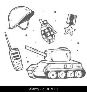 Soldat de l'armée militaire. Véhicules de guerre et armes Marine. Vecteur de conception traditionnel Doodle Drawn Sketch fait à la main. Illustration de Vecteur