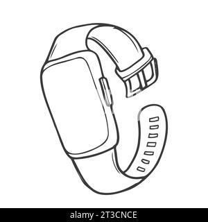 Illustration vectorielle d'icône de ligne de montre intelligente. Bracelet de montre-bracelet portable contour dessiné à la main avec bracelet et tracker surveillant la qualité du sommeil et Illustration de Vecteur