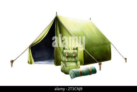 Composition d'aquarelle avec tente de camping verte, sac à dos de randonnée et de camping, couverture enroulée et illlustration de sac de couchage. Équipement de montage pour r Banque D'Images