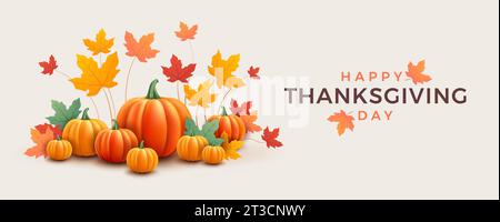 Bonne bannière de Thanksgiving Day avec des citrouilles et des feuilles d'automne - fond vectoriel horizontal Illustration de Vecteur
