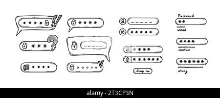 Doodle de vérification. Mot de passe interface faible, moyenne et forte. Icône de connexion. Concept dessiné à la main de cybersécurité. Verrou d'accès aux données personnelles. Illustration de Vecteur