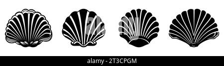 Icône de coquillage marin. Ensemble d'icônes nacrées noires. Illustration vectorielle. Icônes de vecteur de coque. Icônes de coquillage de mer dans un style plat Illustration de Vecteur