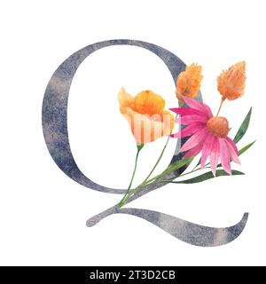 Lettre Q avec des fleurs sauvages aquarelles. Alphabet floral, isolé avec bouquet botanique. initiales de monogramme parfaitement pour invitation de mariage, anniversaire Banque D'Images