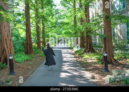 Vue arrière d'une jeune femme adulte en chapeau de graduation et robe marchant le long d'un chemin bordé d'arbres, Swarthmore College, Swarthmore, Pennsylvanie, USA Banque D'Images