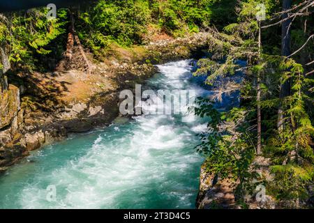 Eaux précipitées de la rivière Cheakamus en été à la périphérie de Whistler, Colombie-Britannique, Canada. Banque D'Images