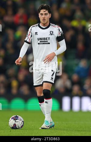 Norwich, Royaume-Uni. 24 octobre 2023. Hayden Hackney de Middlesbrough lors du Sky Bet Championship Match Norwich City vs Middlesbrough à Carrow Road, Norwich, Royaume-Uni, le 24 octobre 2023 (photo de Ryan Crockett/News Images) à Norwich, Royaume-Uni le 10/24/2023. (Photo de Ryan Crockett/News Images/Sipa USA) crédit : SIPA USA/Alamy Live News Banque D'Images