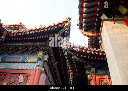 Gros plan sur les détails du toit de Yonghegong Lamasery, Yonghe Lamasery est le plus grand temple bouddhiste tibétain lama à Pékin, il a été construit en 1694. Banque D'Images