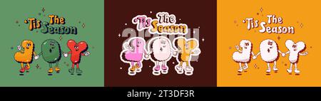 Personnages de mascotte groovy de Noël. Joy Happy noel lettres sur fond de couleur. Illustration de Vecteur