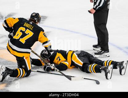 Pittsburgh, États-Unis. 24 octobre 2023. L'aile droite des Penguins de Pittsburgh Rickard Rakell (67) s'enregistre sur le défenseur des Penguins de Pittsburgh John Ludvig (7) reste immobile pendant plusieurs minutes après avoir heurté le centre des Stars de Dallas Radek Faksa lors de la deuxième période à la PPG Paints Arena de Pittsburgh le mardi 24 octobre 2023. Photo d'Archie Carpenter/UPI crédit : UPI/Alamy Live News Banque D'Images