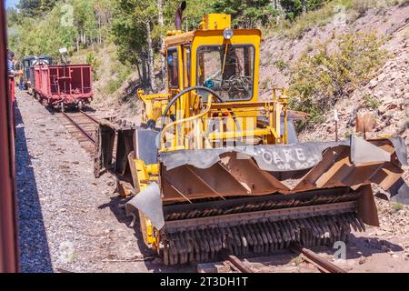 Cumbres et train à voie étroite de toltèque, avec moteur à vapeur alimentées au charbon, allant d'Antonito, Colorado, à Chama, Nouveau Mexique. Banque D'Images