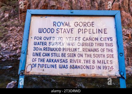 Panneau d'information sur le site historique sur la rivière Arkansas à Royal gorge dans le Colorado. Pont suspendu Royal gorge au-dessus de la rivière Arkansas. Banque D'Images