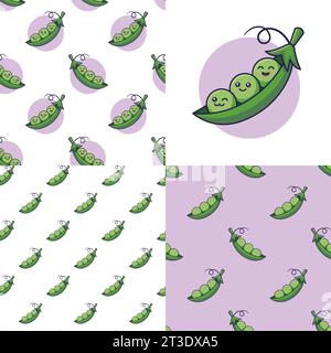 Ensemble de motifs mignons de pois Kawaii. Icône plate de légumes alimentaires. Motif sans couture de pod de dessin animé Pea, style doodle. Illustration vectorielle dessinée à la main. Motifs f Illustration de Vecteur