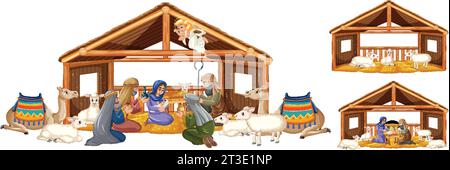 Illustration représentant l'histoire biblique de la naissance de Jésus par la Vierge Marie Illustration de Vecteur