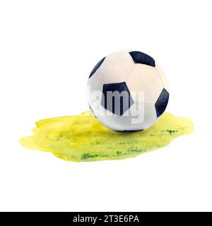 Dessin à l'aquarelle de ballon de football noir et blanc avec des pentagones sur la pelouse d'herbe. Boule brillamment peinte isolé sur fond blanc. Pour fonds d'écran Banque D'Images
